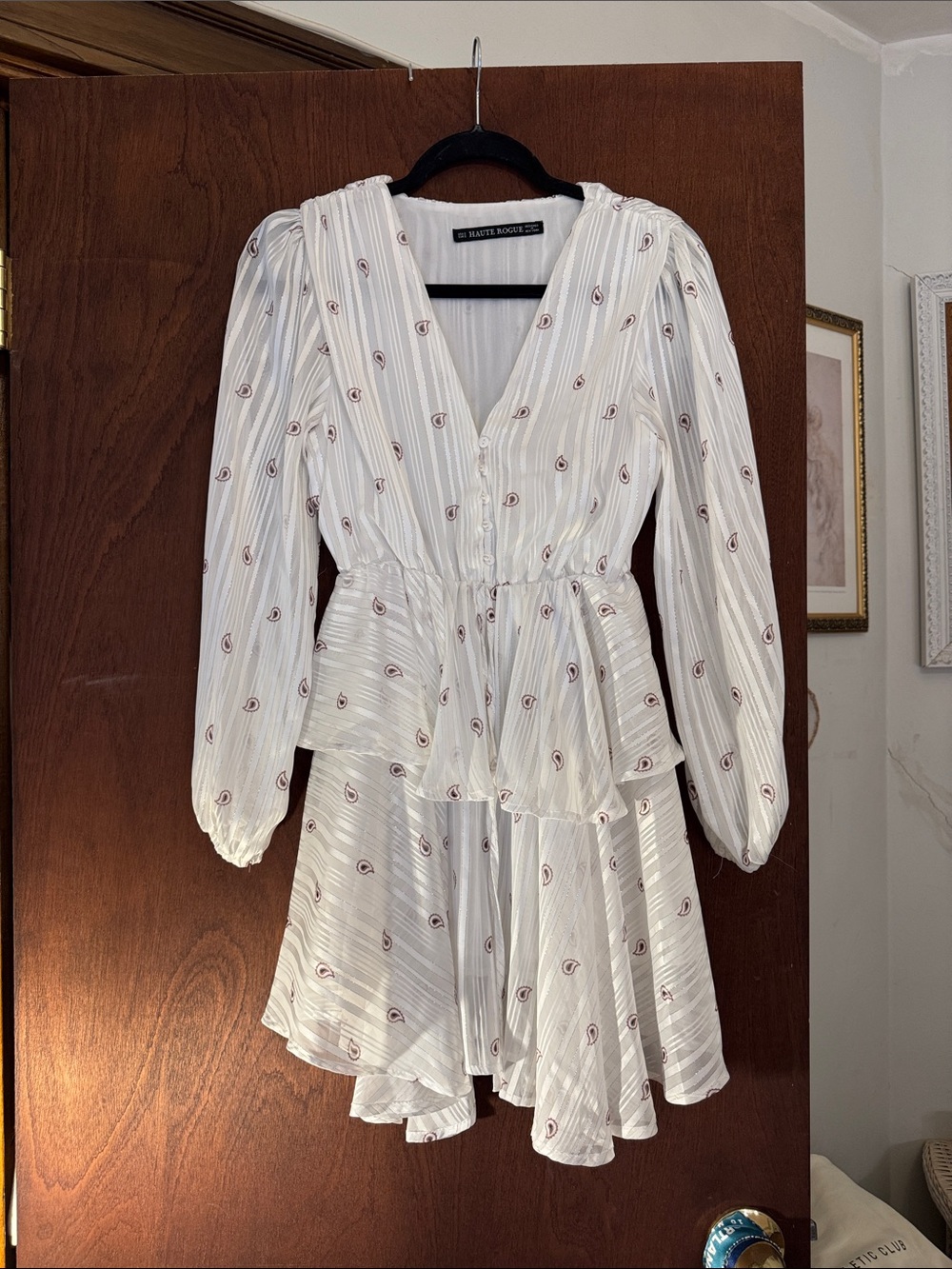 White Paisley-Print V-Neck Tiered Long-Sleeve Dress